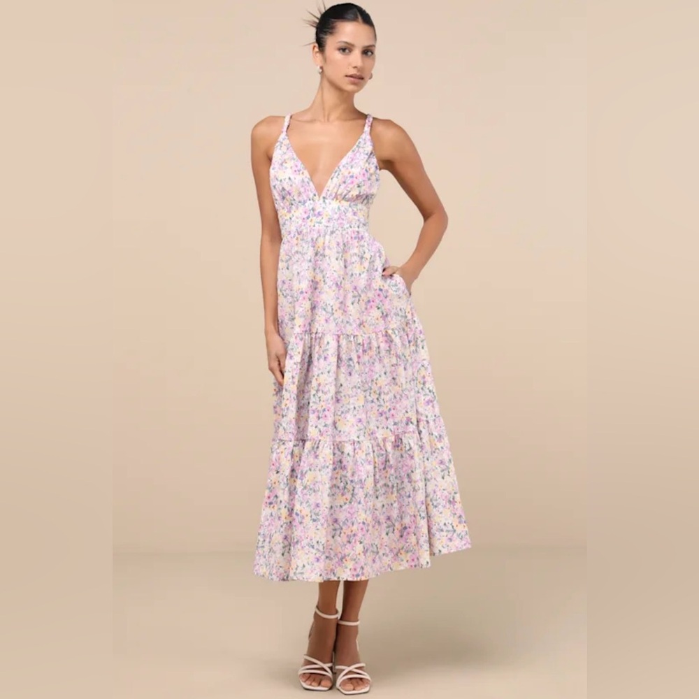 Lulu's White Floral Maxi Dress with Purple & Yellow Accents Size L (NWT)